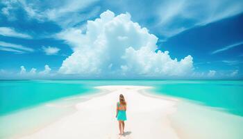 a girl stands on white sand against the backdrop of the ocean rear view photo