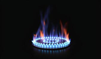 azul fuego de un gas quemador en un negro antecedentes foto