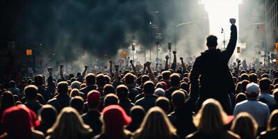 a protesting crowd of people is walking along the city street, in the center of the frame in focus is a man with a fist in the sky, banner photo