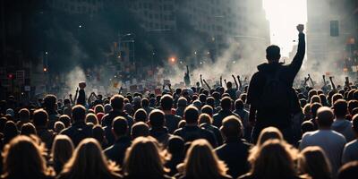 a protesting crowd of people is walking along the city street, in the center of the frame in focus is a man with a fist in the sky, banner photo