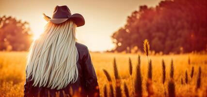 blonde woman in cowboy hat and leather jacket in wheat field at sunset and mountain view, back view, banner photo