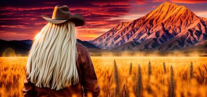 rubia mujer en vaquero sombrero y cuero chaqueta en trigo campo a puesta de sol y montaña vista, espalda vista, bandera foto
