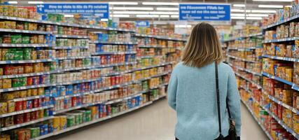 mujer en un supermercado en el antecedentes de vitrinas con productos posterior ver bandera foto