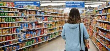 mujer en un supermercado en el antecedentes de vitrinas con productos posterior ver bandera foto