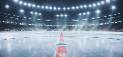 empty hockey rink illuminated by spotlights, photo