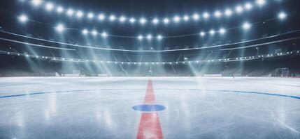 empty hockey rink illuminated by spotlights, photo