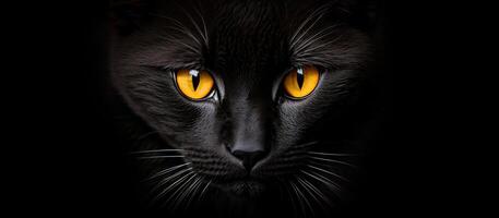 black cat with yellow eyes on a black background banner photo