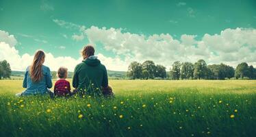 espalda ver de un joven familia con niños sentado en un prado con primavera flores foto