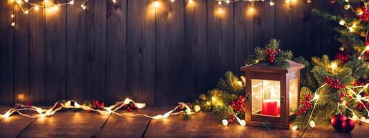 Christmas lights garlands Christmas tree on wooden table banner photo