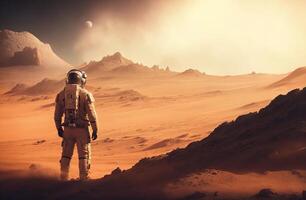 astronaut in a spacesuit on the red planet photo