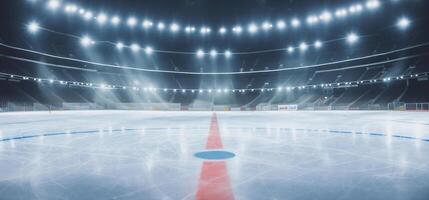empty hockey rink illuminated by spotlights, photo
