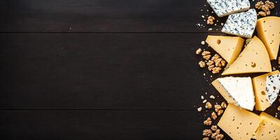 cheese platter with nuts and grapes on a wooden background photo