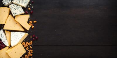 cheese platter with nuts and grapes on a wooden background photo