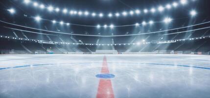 empty hockey rink illuminated by spotlights, photo