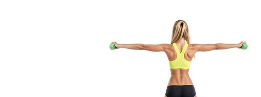 athletic girl in sports underwear with dumbbells in her hands on a white background, rear view banner photo