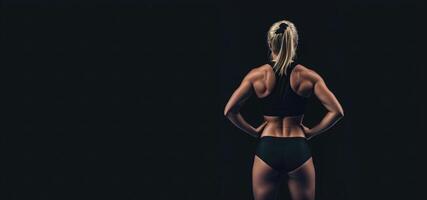 athletic blonde girl in sports underwear on a black background, back view banner photo