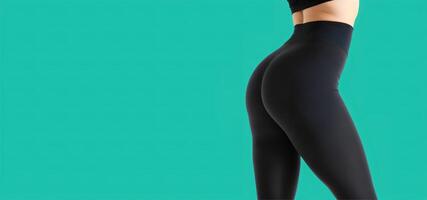 woman in black leggings on a turquoise background back view photo