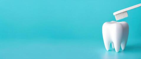 White tooth and toothbrush on a blue background banner photo