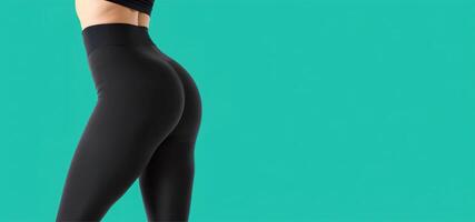 woman in black leggings on a turquoise background back view photo