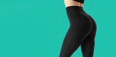 woman in black leggings on a turquoise background back view photo