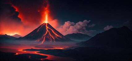 volcano eruption at night panorama photo