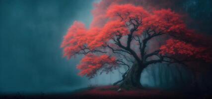 magia brumoso bosque con rojo árbol bandera foto