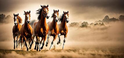 caballos corriendo a través de el polvoriento campo foto