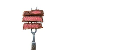 juicy steak on a fork on a white background banner photo