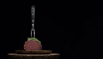 juicy steak on a fork with on a black background banner photo