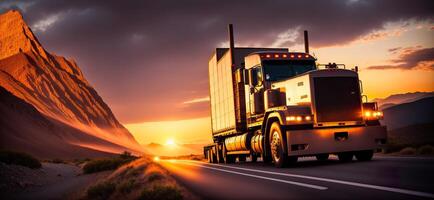 truck at sunset rides on the highway banner photo