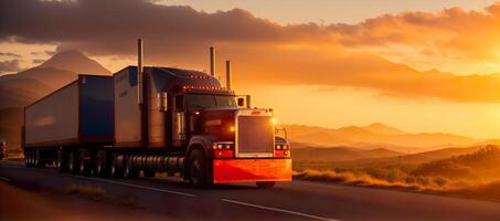 truck at sunset rides on the highway banner photo