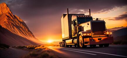 truck at sunset rides on the highway banner photo