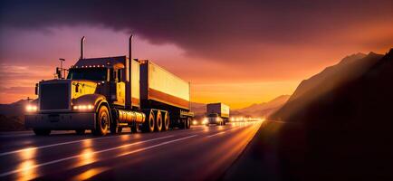 truck at sunset rides on the highway banner photo