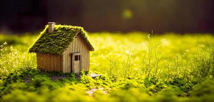 model of a small wooden house with a moss roof on a green blurred background banner photo