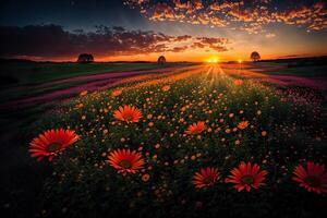 flowers in a meadow at sunset photo