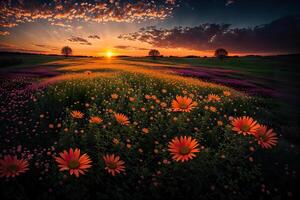 flowers in a meadow at sunset photo