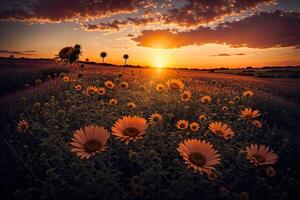 flowers in a meadow at sunset photo