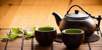 japonés té conjunto en bambú estera té ceremonia foto