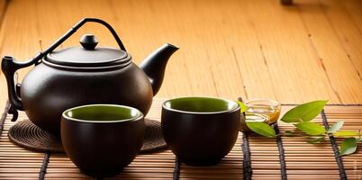 japonés té conjunto en bambú estera té ceremonia foto