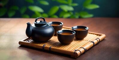japonés té conjunto en bambú estera té ceremonia foto