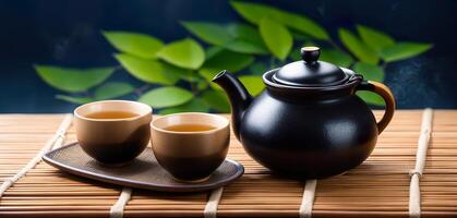 japanese tea set on bamboo mat tea ceremony photo