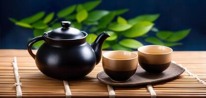 japonés té conjunto en bambú estera té ceremonia foto