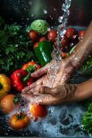 hands wash vegetables splashing water photo