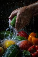 hands wash vegetables splashing water photo