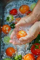 hands wash vegetables splashing water photo