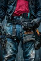 Maintenance worker with a bag and a set of tools on his belt photo