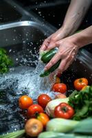 hands wash vegetables splashing water photo