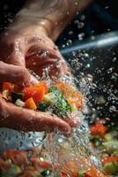 hands wash vegetables splashing water photo