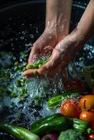 hands wash vegetables splashing water photo