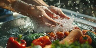 hands wash vegetables splashing water photo